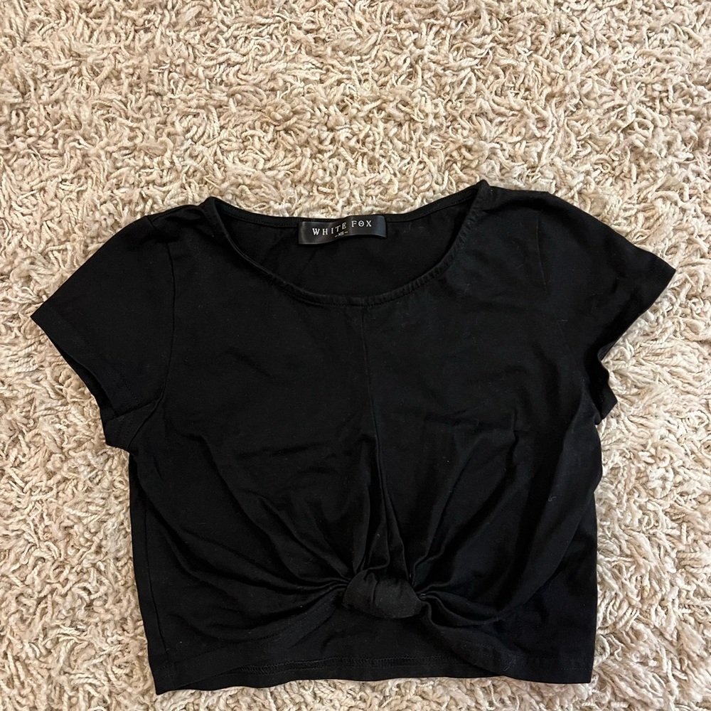 White Fox black crop top with gathered knot at front